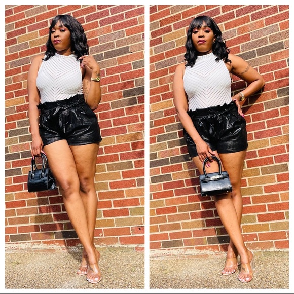 New On Trend Black Faux Leather Snakeskin High Waist Paper Bag Shorts - Picture 2 of 5